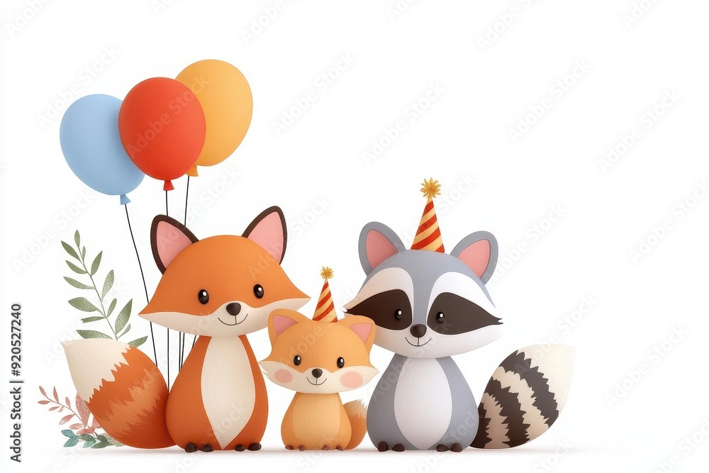 Fototapeta premium Cute cartoon animals celebrating with balloons and party hats. Perfect for children's themes and festive occasions.