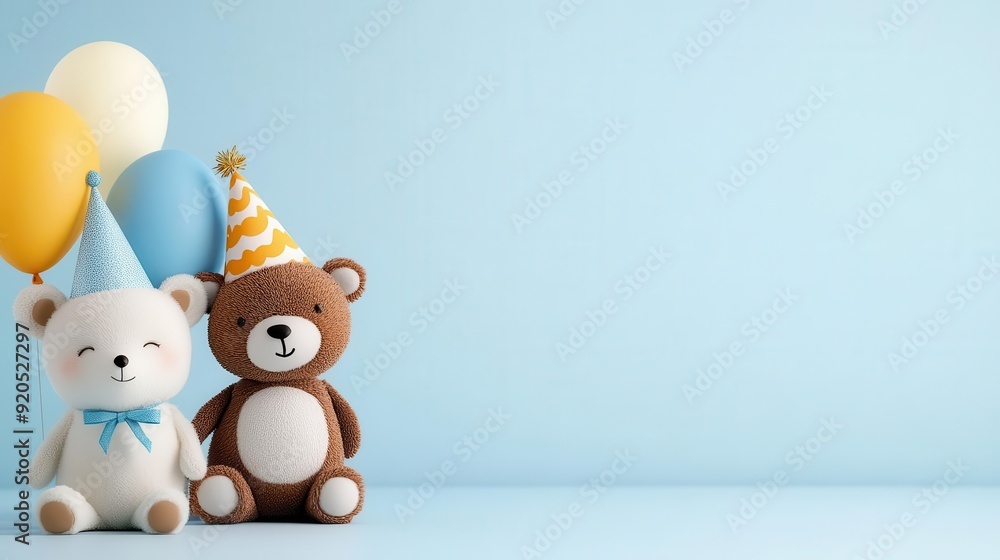 Cute teddy bears with party hats and colorful balloons against a soft blue background, perfect for celebrations and children's themes. Cute teddy bears with party hats and colorful balloons against a soft blue background, perfect for celebrations and children's themes.
