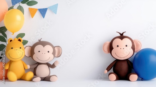 Colorful plush toys of monkeys and a giraffe with balloons, perfect for children's parties or playful decorations.