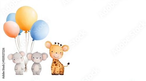 Cute animal characters with balloons, perfect for children's parties, invitations, or nursery decor.