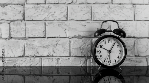 Closeup black and white alarm clock for decorate on black glass table and white brick wall textured background in black and white tone with copy space