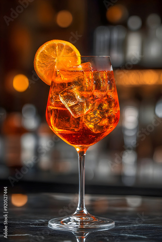 Alcohol cocktail Aperol spritz original aperitif prosecco bitter digestif soda ice cubes orange slices refreshing pleasant favored summer drink glass bar cafe