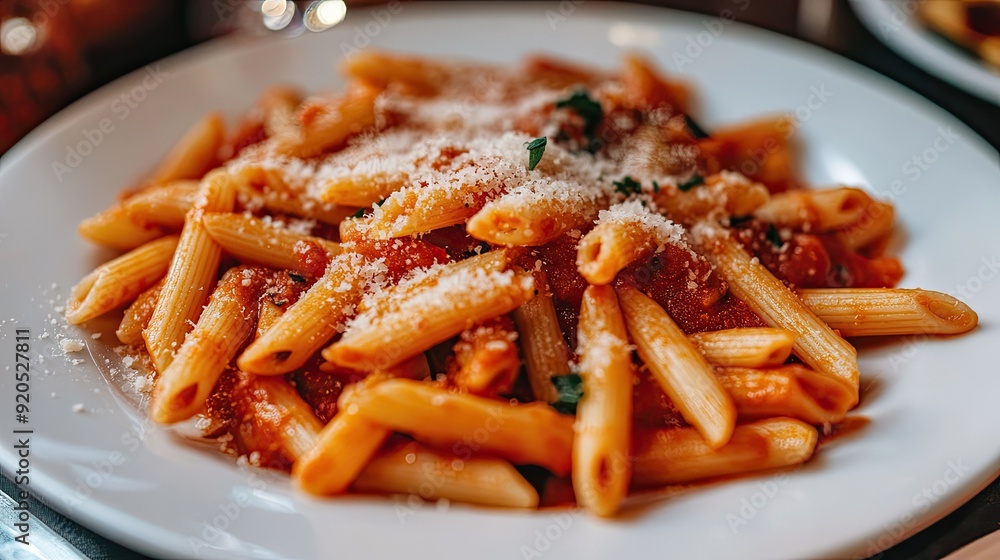 Penne arrabiata served on a white plate, with a fiery red sauce and a sprinkle of parmesan, creating a classic Italian meal. Penne arrabiata served on a white plate, with a fiery red sauce and a sprinkle of parmesan, creating a classic Italian meal.