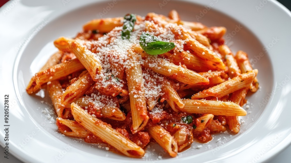 Penne arrabiata served on a white plate, with a fiery red sauce and a sprinkle of parmesan, creating a classic Italian meal. Penne arrabiata served on a white plate, with a fiery red sauce and a sprinkle of parmesan, creating a classic Italian meal.