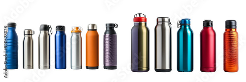 Set of a different vacuum-insulated thermos water bottles, each one shown individually in full view, isolated on transparent background. photo