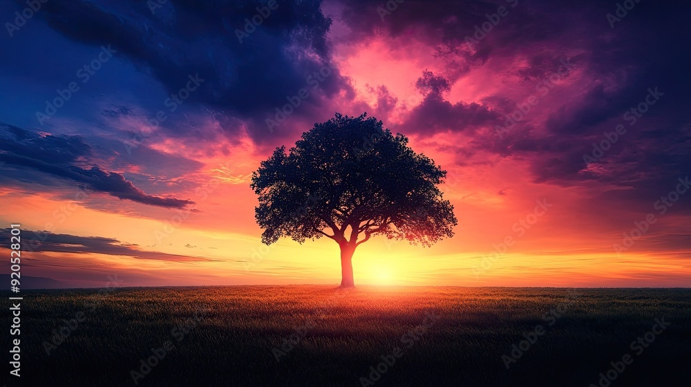 The silhouette of a single tree in a vast field, with a stunning, colorful sky overhead, creating a serene and contemplative mood. The silhouette of a single tree in a vast field, with a stunning, colorful sky overhead, creating a serene and contemplative mood.