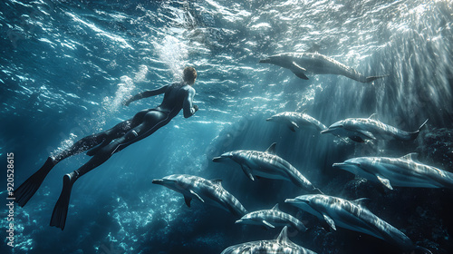 A freediver swimming alongside a school of dolphins, with the diver’s full body and the dolphins clearly visible against the clear, colorful underwater scene.