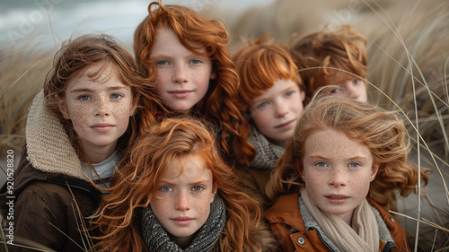 a group of red-haired children, a family walk of friends on a cold northern beach, northern Europe style