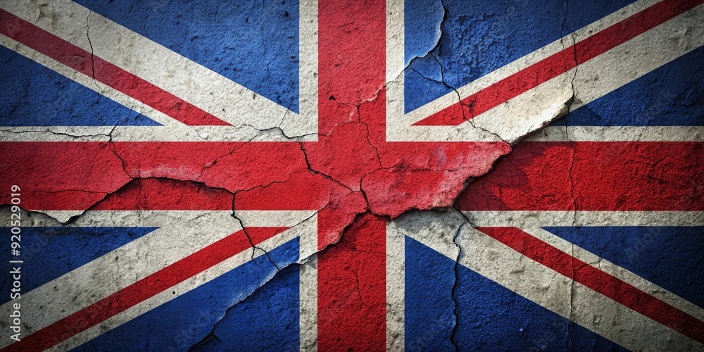 Fototapeta premium United Kingdom flag painted on a cracked wall , UK, flag, cracked, texture, background, patriotic, national, symbol, wallpaper