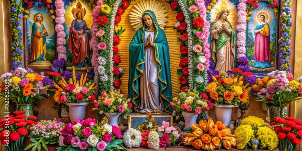 custom made wallpaper toronto digitalColorful Virgin of Guadalupe altar adorned with flowers and religious figures, Virgin of Guadalupe, altar