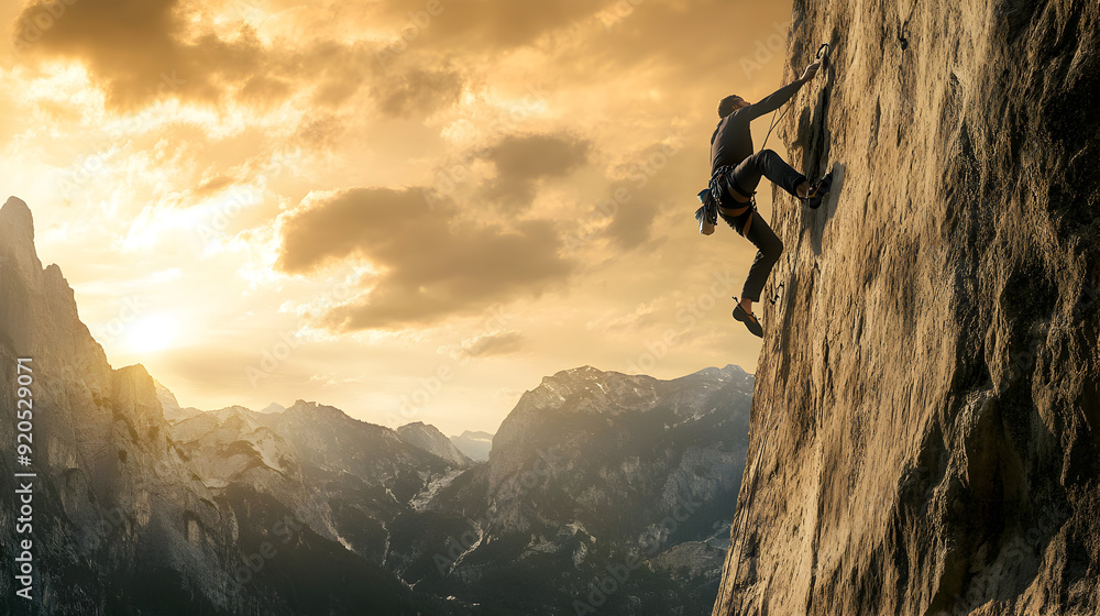 A professional rock climber ascending a sheer rock face, with the climber’s entire body and climbing gear visible against a dramatic mountain vista.
A professional rock climber ascending a sheer rock face, with the climber’s entire body and climbing gear visible against a dramatic mountain vista.