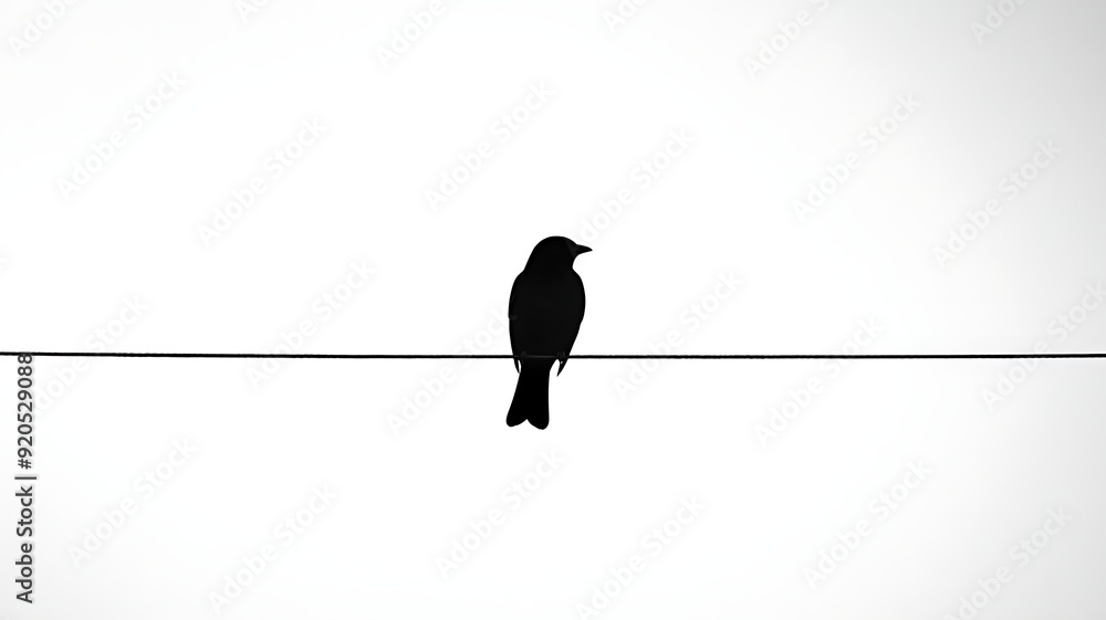 minimalist black-and-white silhouette of a solitary bird perched on a wire, high contrast, simple and elegant composition, clear sky in the background minimalist black-and-white silhouette of a solitary bird perched on a wire, high contrast, simple and elegant composition, clear sky in the background