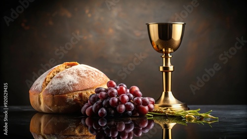 Communion wine and bread symbols on black background, communion, wine, bread, symbols, sacrament, religious, Christian