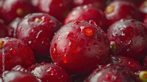 Close-up of fresh red cherries with water droplets.