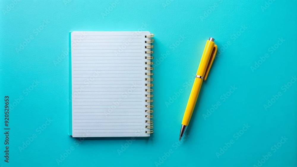Top view of opened notebook and yellow pen on turquoise blue background with copy space, notebook, pen Top view of opened notebook and yellow pen on turquoise blue background with copy space, notebook, pen