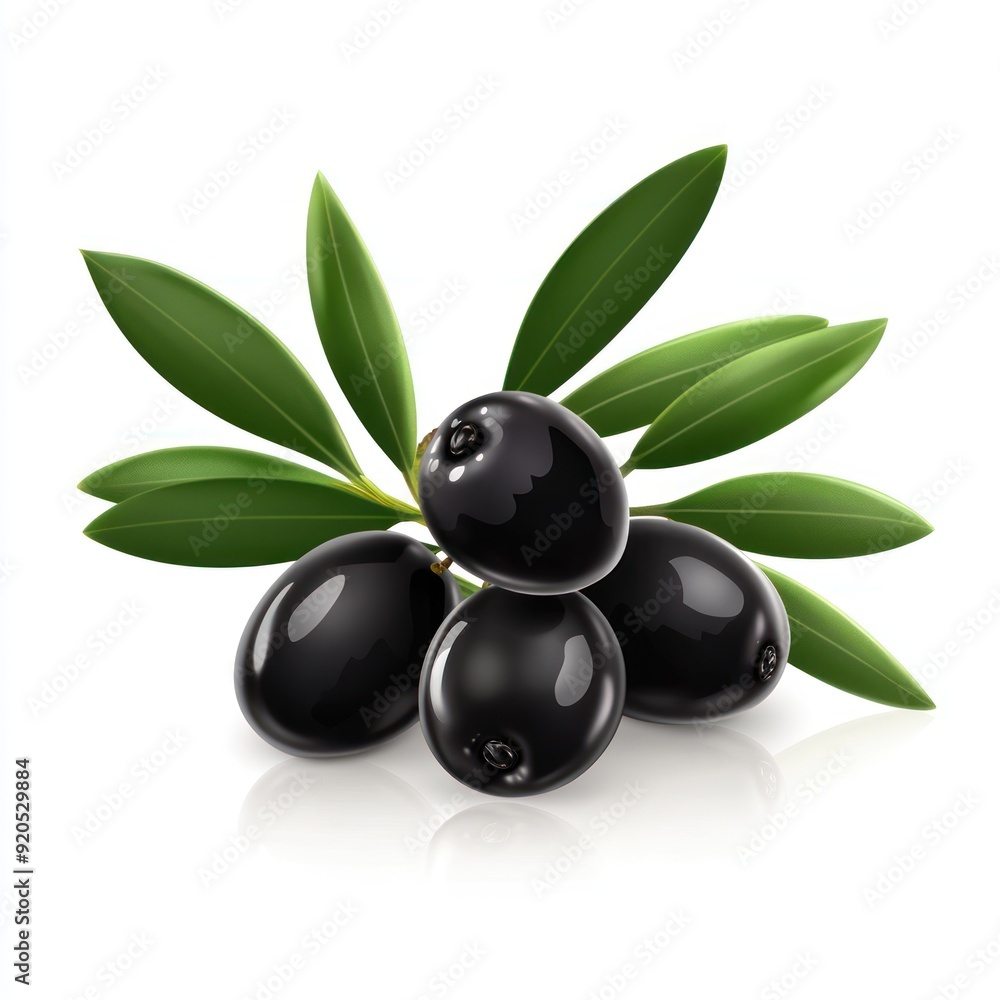 Four black olives with green leaves isolated on white background. Four black olives with green leaves isolated on white background.