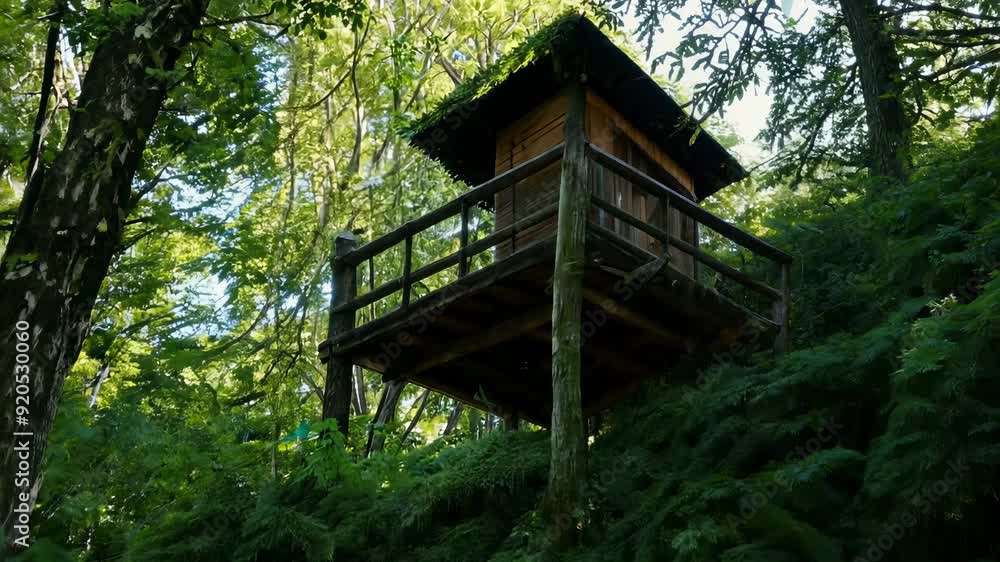 Observing a lookout tower nestled in a dense forest canopy during daylight Observing a lookout tower nestled in a dense forest canopy during daylight