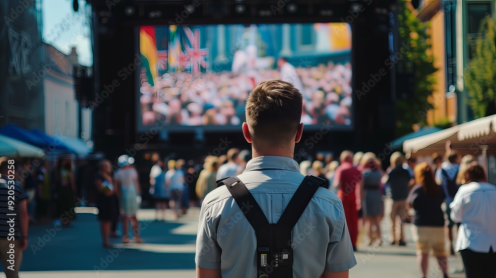Shallow focus of an Event Safety officer seen facing members of the public in a town square. The public are watching the Royal Wedding on a large, outside screen. Shallow focus of an Event Safety officer seen facing members of the public in a town square. The public are watching the Royal Wedding on a large, outside screen.