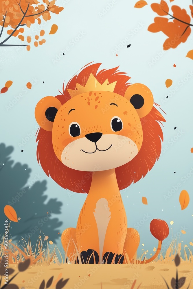 Cute Lion Cub King Wearing a Crown in Autumn Forest Cute Lion Cub King Wearing a Crown in Autumn Forest