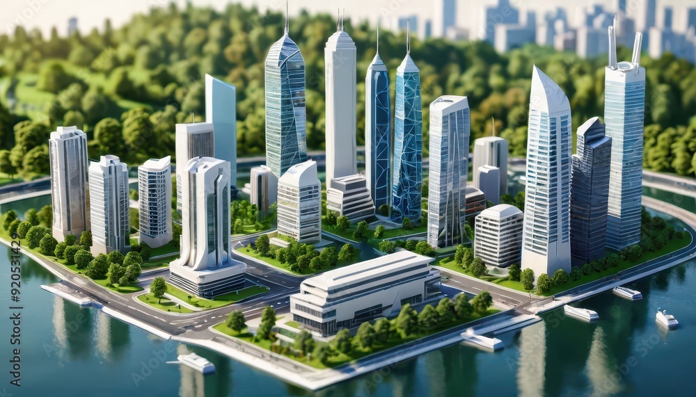 Fototapeta premium Miniature Cityscape with Skyscrapers and River.