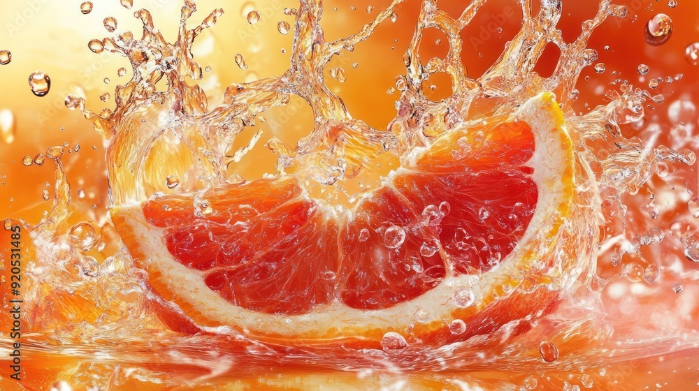 A slice of grapefruit submerged in water with a big splash of water around it, on a orange background. A slice of grapefruit submerged in water with a big splash of water around it, on a orange background.