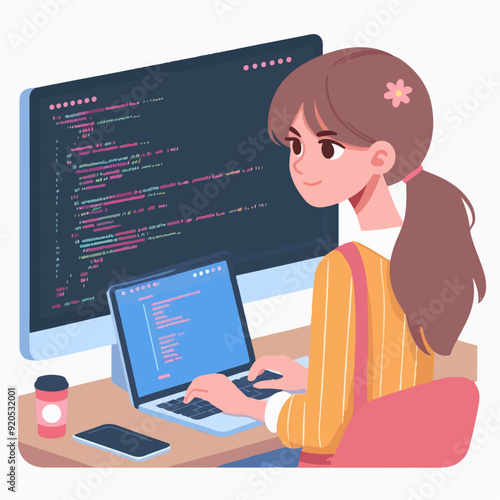 Coder female as professional programmer for web scripts tiny person concept Illustration 