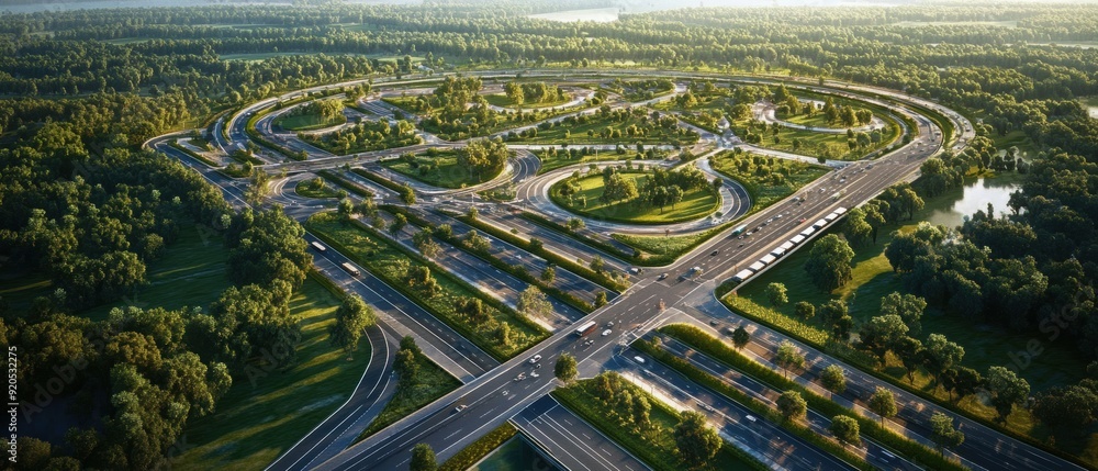 Naklejka premium Aerial view of a large-scale infrastructure development with highways and railways intersecting
