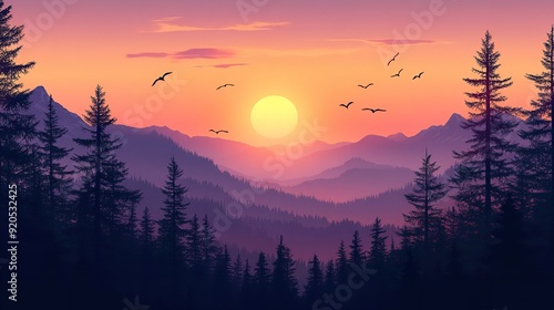 Sunrise Hues over Misty Mountain Forest