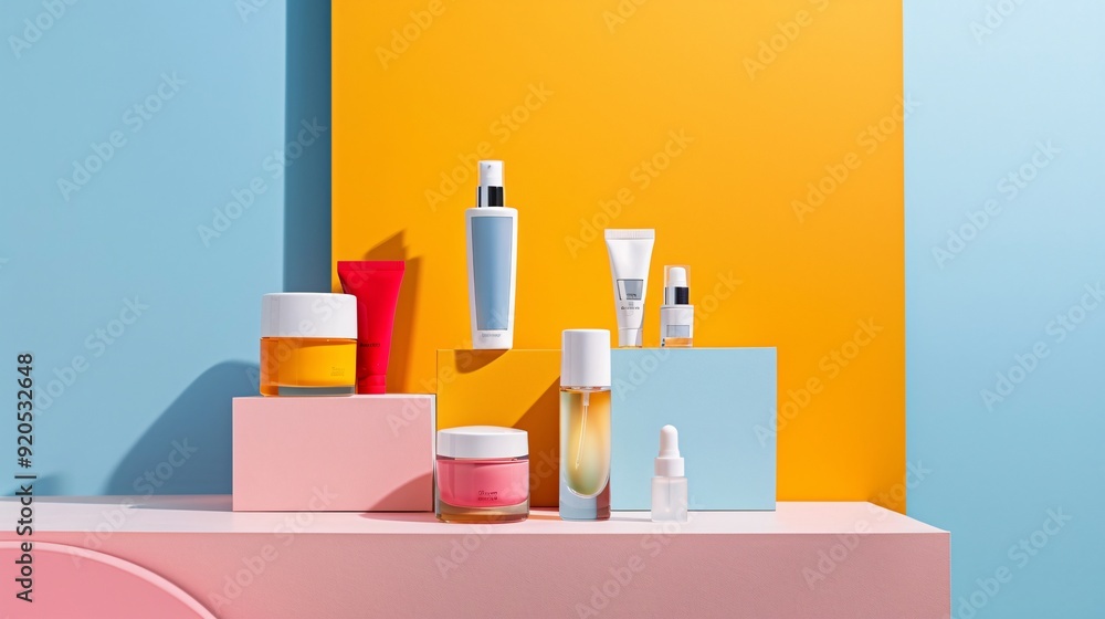 Minimalist arrangement of skincare essentials with bright labels and clean lines on a sleek surface Minimalist arrangement of skincare essentials with bright labels and clean lines on a sleek surface