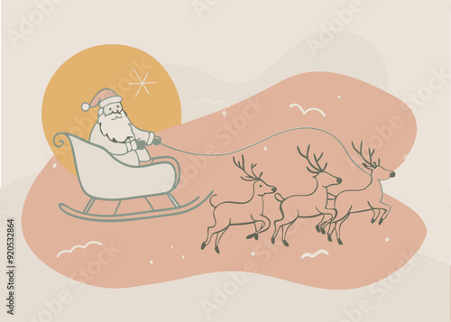 illustration of Santa clause riding his sleigh pulled by reindeers. Vector Christmas element white background 