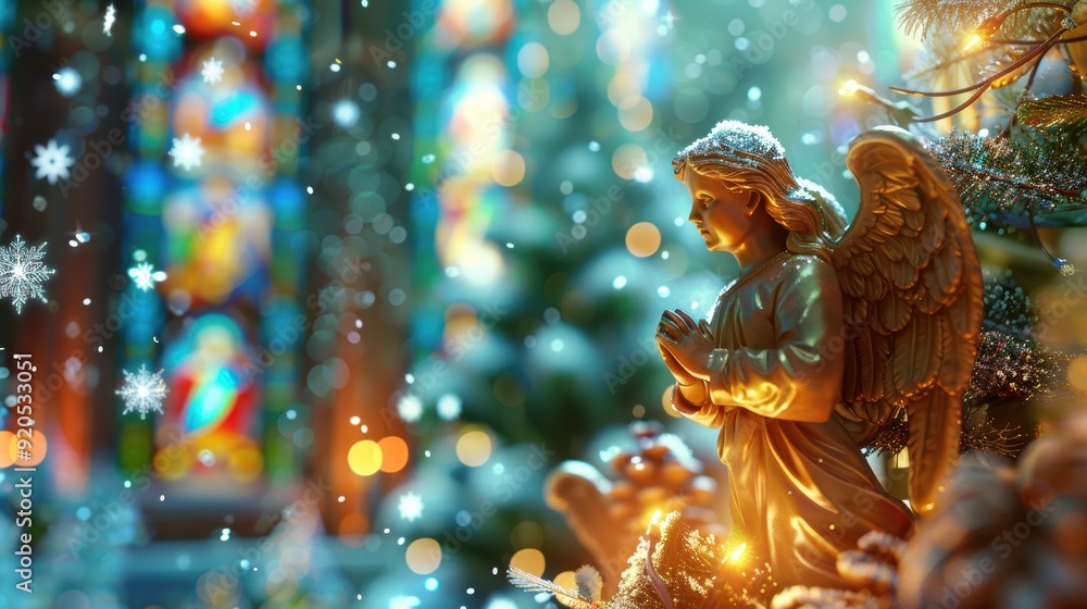 Fototapeta premium A festive angel statue with golden lights and a light dusting of snow stands beautifully, the warm glow and intricate details creating a sense of holiday wonder.