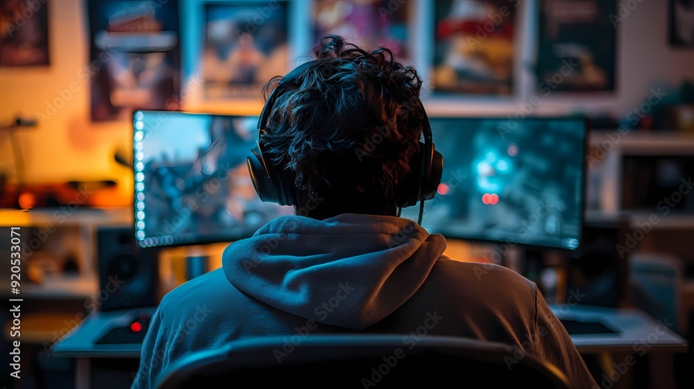 A focused gamer sits at a sleek gaming setup with dual monitors, RGB lighting illuminating the room, and a headset on. The background shows blurred game posters and gaming peripherals neatly arranged A focused gamer sits at a sleek gaming setup with dual monitors, RGB lighting illuminating the room, and a headset on. The background shows blurred game posters and gaming peripherals neatly arranged