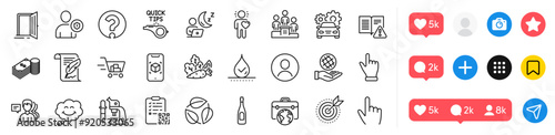 Smile, Microscope and Instruction manual line icons pack. Social media icons. Business podium, Feather, Augmented reality web icon. Businessman case, Headshot, Cursor pictogram. Vector