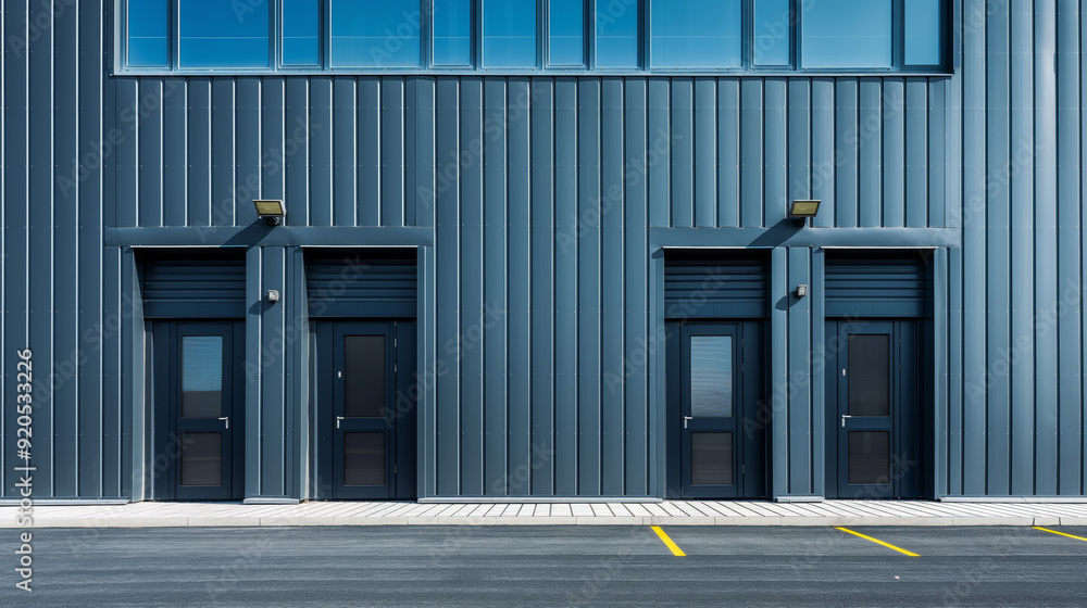 Two closed doors on a blue metal industrial building. .. Two closed doors on a blue metal industrial building. ..