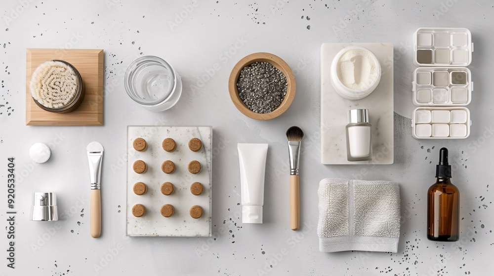 Flat lay of a minimalist beauty routine setup with skincare creams, serums, and face masks Flat lay of a minimalist beauty routine setup with skincare creams, serums, and face masks
