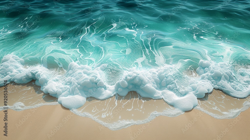 Fototapeta premium Waves gently crash on a sandy beach during a sunny day with clear blue waters