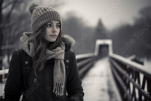 A Winter Girl with a contemplative gaze, standing alone on a snowy bridge, creating a timeless and melancholic atmosphere photo