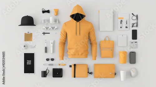 Vibrant Startup Merchandise Workspace with T-shirts, Mugs, and Posters in High Resolution, Generative Ai