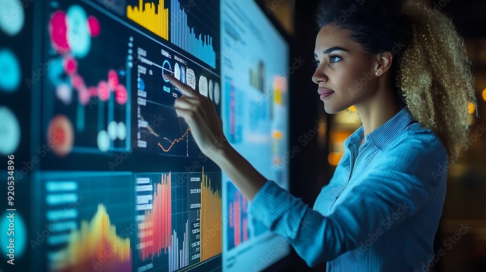 Businesswoman explaining a new project to her team, with charts and graphs displayed on a large screen Businesswoman explaining a new project to her team, with charts and graphs displayed on a large screen