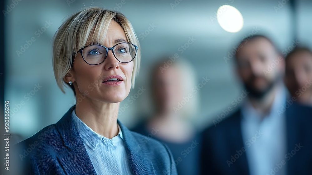 Group of business professionals engaged in a collaborative meeting, with a female executive directing the conversation Group of business professionals engaged in a collaborative meeting, with a female executive directing the conversation