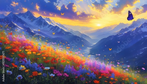 The colorful sea of flowers and the magnificent snow-capped mountains complement each other in the sunset, butterflies dance and the scenery is picturesque.