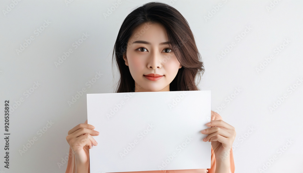an asian woman hold white paper at the white isolated background an asian woman hold white paper at the white isolated background