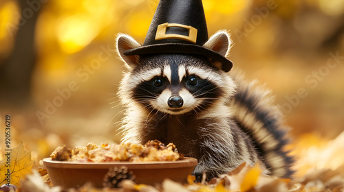 A festive raccoon wearing a pilgrim hat sits surrounded by autumn leaves, gazing curiously at a bowl of food, embodying the spirit of Thanksgiving