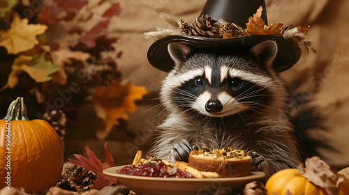 A festive raccoon wears a Thanksgiving pilgrim hat while enjoying a delicious feast among fall decorations and pumpkins