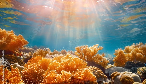Fototapeta Naklejka Na Ścianę i Meble -  Underwater coral reef with sunbeams shining through the water.