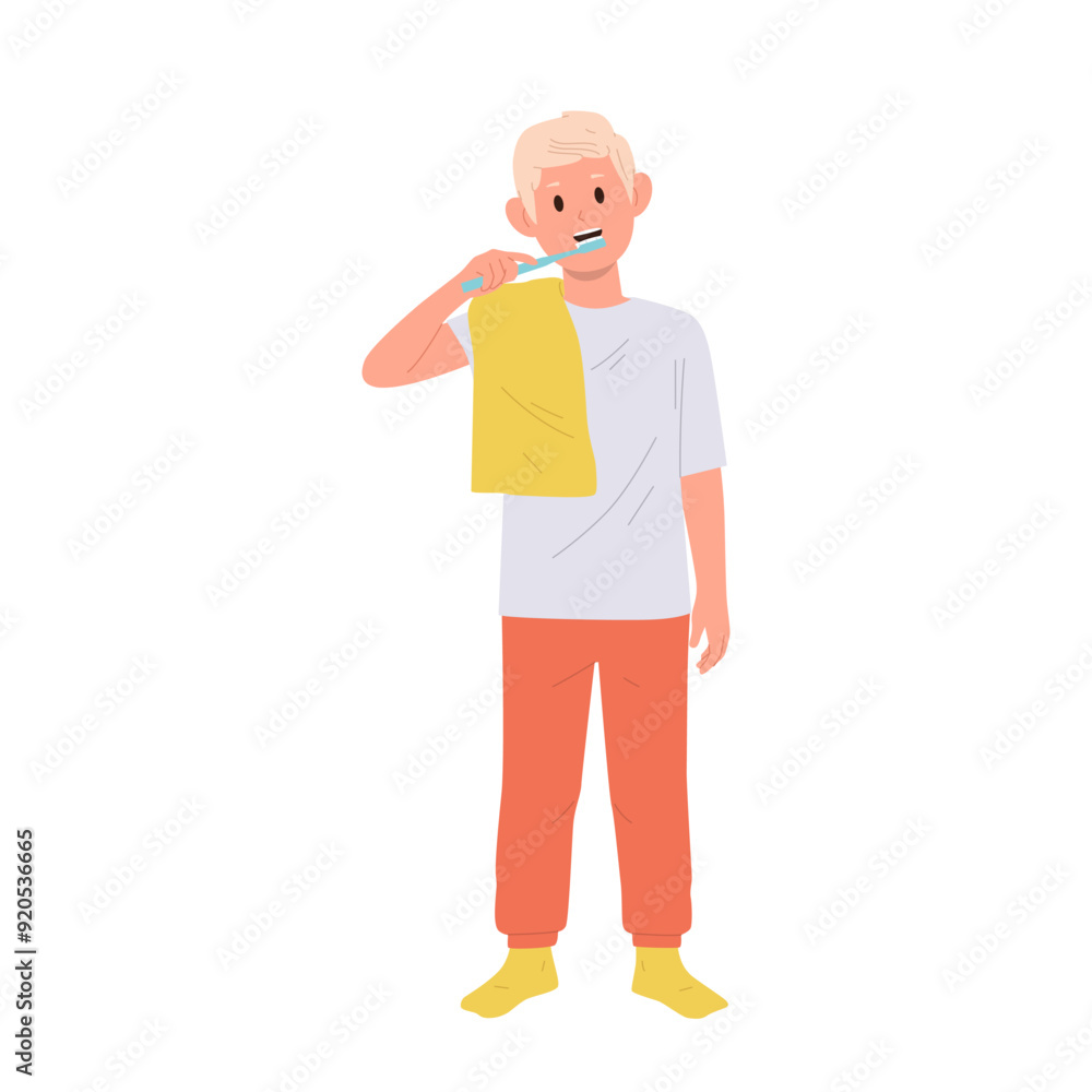 Little boy cartoon character enjoying morning routine, brushing teeth before going to school Little boy cartoon character enjoying morning routine, brushing teeth before going to school