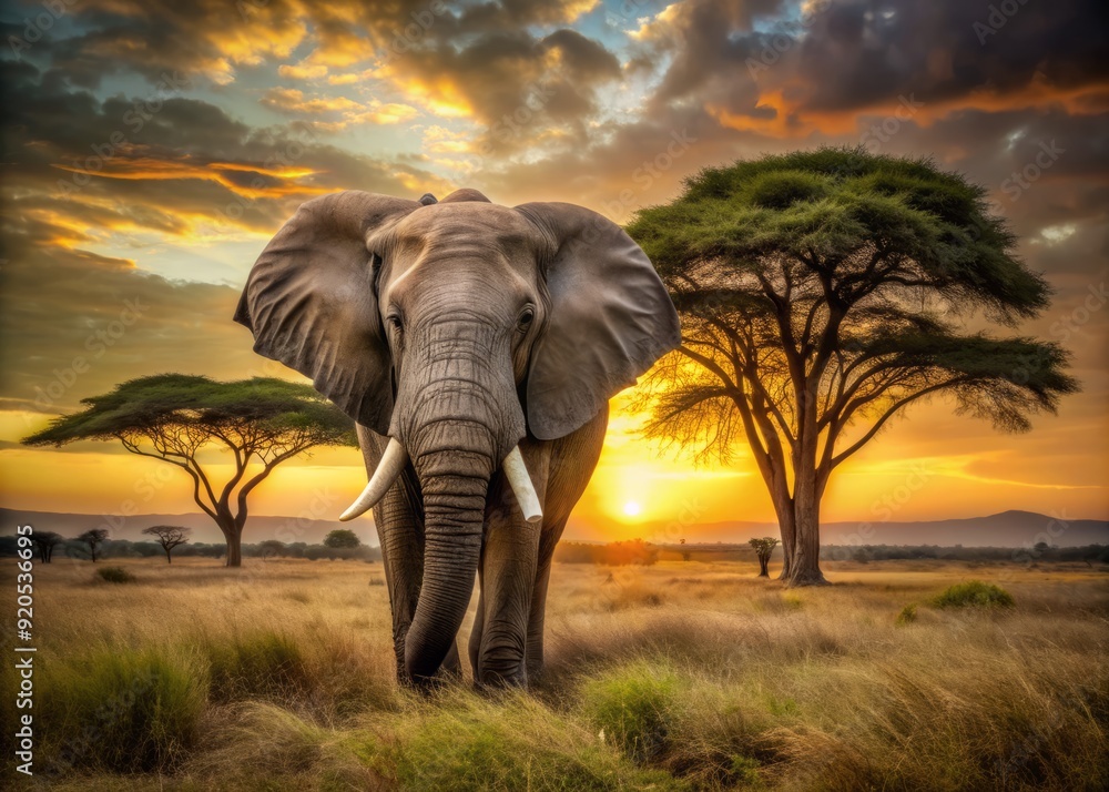 Obraz premium Majestic African elephant bull with wrinkled gray skin and tusks stands alone in a serene savannah landscape with acacia trees and golden sunset light.