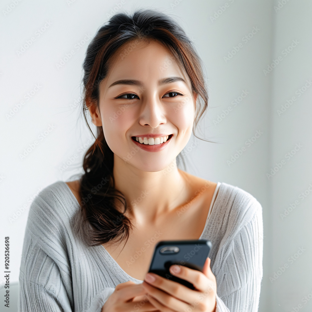 an chinese woman looking handphone with smile in white isolated background an chinese woman looking handphone with smile in white isolated background