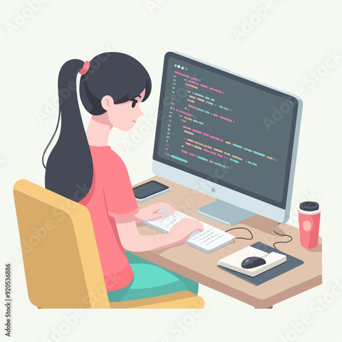 Digital development people - Three characters working on computer with code language doing programming