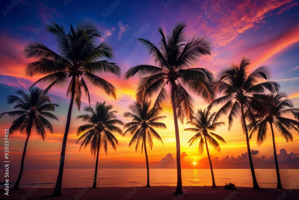 Vibrant warm tones illuminate the serene silhouette of palm trees against a tropical horizon at dawn or dusk, evoking feelings of tranquility and paradise. Vibrant warm tones illuminate the serene silhouette of palm trees against a tropical horizon at dawn or dusk, evoking feelings of tranquility and paradise.